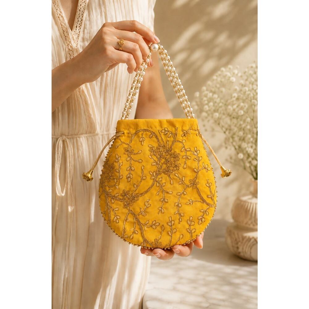 Vintage Handmade Yellow Purse Faux Pearl Beaded Handle Hade Made Gold Design
